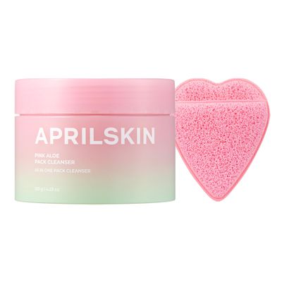 APRILSKIN Pink Aloe Facial Polish Cleanser with Heart-Shaped Plush Facial Cleansing Sponge