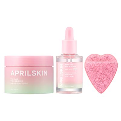 APRILSKIN Pink Aloe Pink Aloe Glass Skincare Duo with Heart Puff: Pink Aloe Facial Polish Cleanser, Pink Aloe Mucin Serum & Heart-Shaped Plush Facial Cleansing Sponge