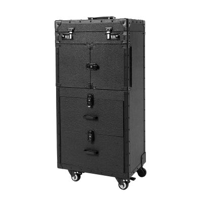 SEANESZTI Professional Rolling Makeup Train Case, 3 in 1 Aluminum Makeup Travel Organizer, Makeup Travel Case with Wheels (Two with Brakes), Barber Case Traveling Cart Trunk, Black