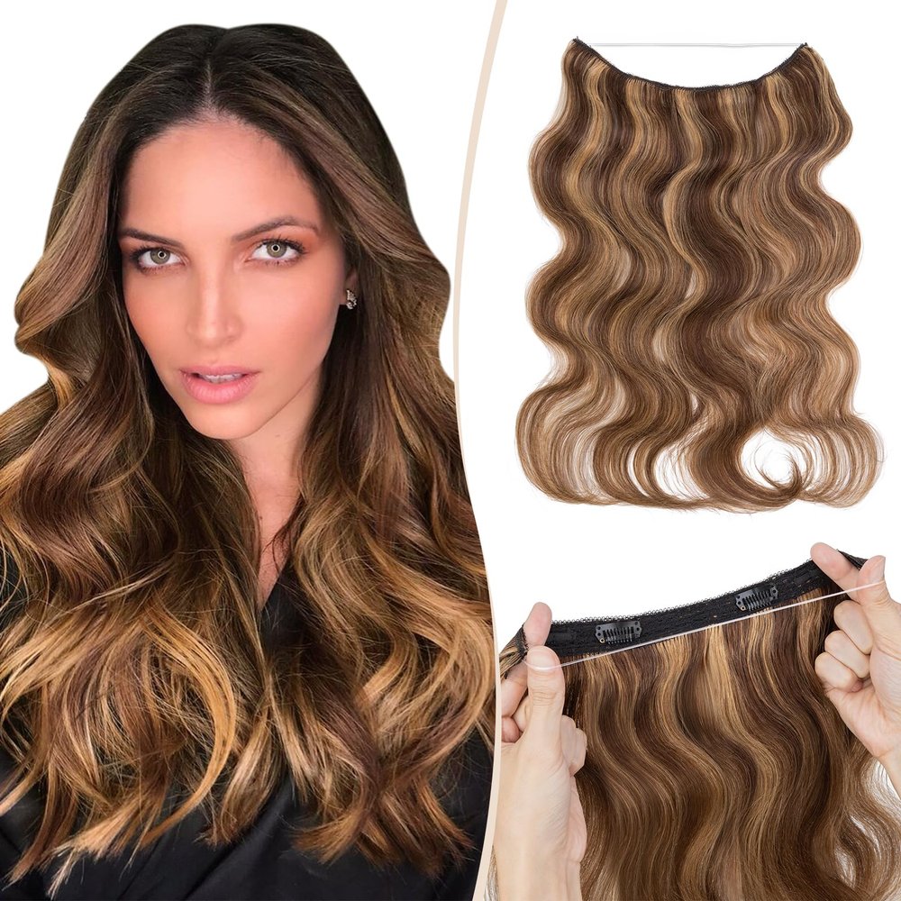 Benehair Halo Hair Extensions Real Human Hair 12 Inch Invisible Wire Hair Extensions Medium Brown Mixed Dark Blonde Wavy Halo Hair Extension 100% Human Hair Curly Halo Extensions 55g #4&27