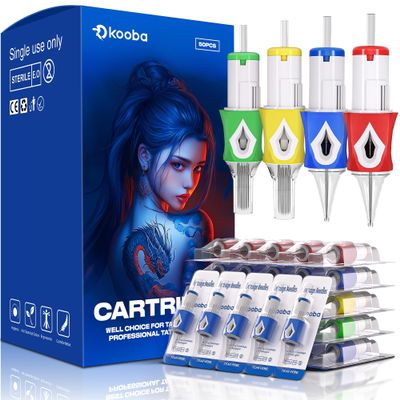 50Pcs Assorted #10 Bugpin Tattoo Cartridge Needles, Mixed Round Liner Shader Curved Magnum with Membrane, Disposable for Rotary Tattoo Machine