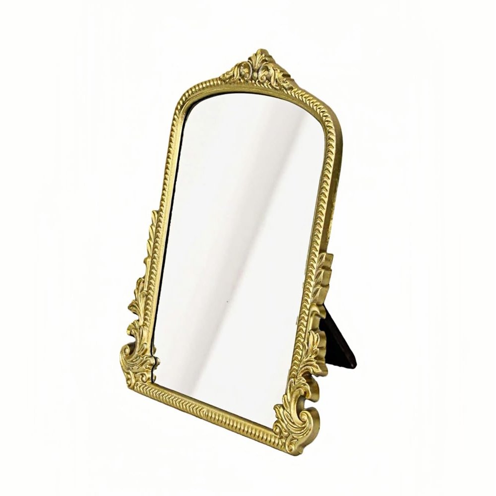 TenFuju Champagne Gold Vintage Baroque Vanity Mirror, Small Arched Tabletop Makeup Mirror, Free Standing Mirror for Dresser, Bedroom, Living Room, 11.8" x 9.6"
