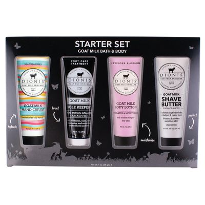 Dionis Goat Milk Skincare Bath & Body Starter Set - Assorted 1oz Scented Travel Size Hand Cream, Foot Cream, Body Lotion, Shave Butter In a Gift Box - Mini Self Care Gifts, Cruelty Free For Dry Skin