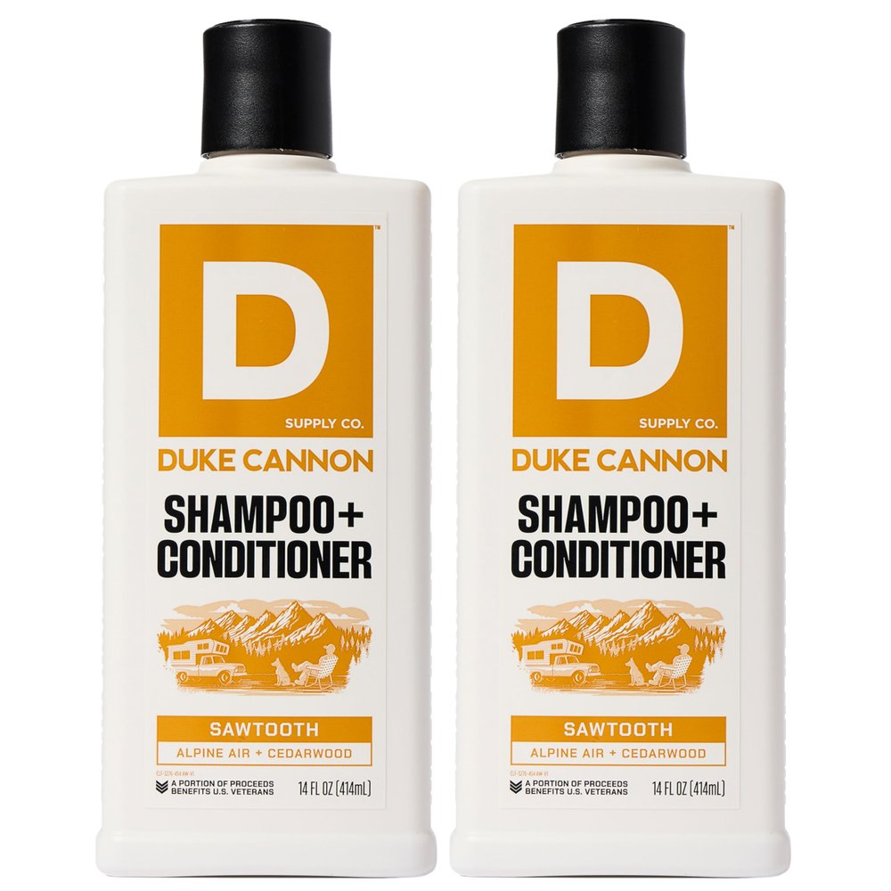 Duke Cannon Supply Co. 2-in-1 Hair Wash - Masculine Scent - Gentle Cleansing Hair Wash For Men - Stimulating Hair Shampoo & Conditioner - Strengthens Hair - Sawtooth - 2 Pack (14 oz)