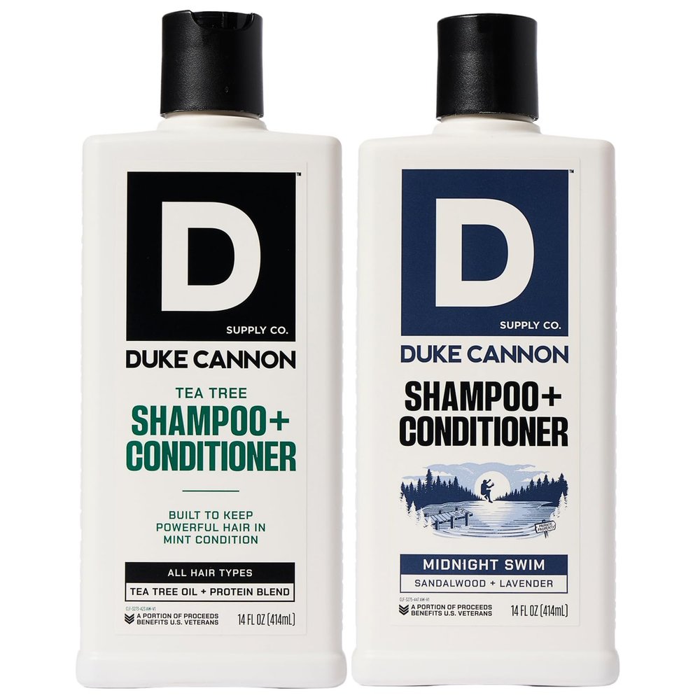 Duke Cannon Supply Co. 2-in-1 Hair Wash - Masculine Scent - Gentle Cleansing Hair Wash For Men - Stimulating Hair Shampoo & Conditioner - Strengthens Hair - Tea Tree & Midnight Swim - 2 Pack (14 oz)