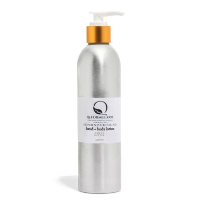 QI FORMULARIE Supernourishing Hand and Body Cream with Cocoa Butter and Amber, 8 oz. Aluminum Bottle with lotion pump