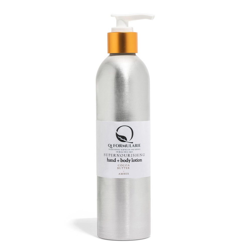 QI FORMULARIE Supernourishing Hand and Body Cream with Cocoa Butter and Amber, 8 oz. Aluminum Bottle with lotion pump