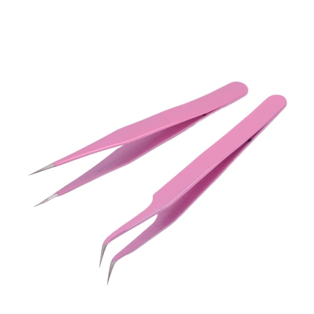 2pcs Pink Stainless Steel Tweezers Straight Curved Pick Up Tools Eyelash Extension Pointed Nipper Clip Manicure Nail Art Tool