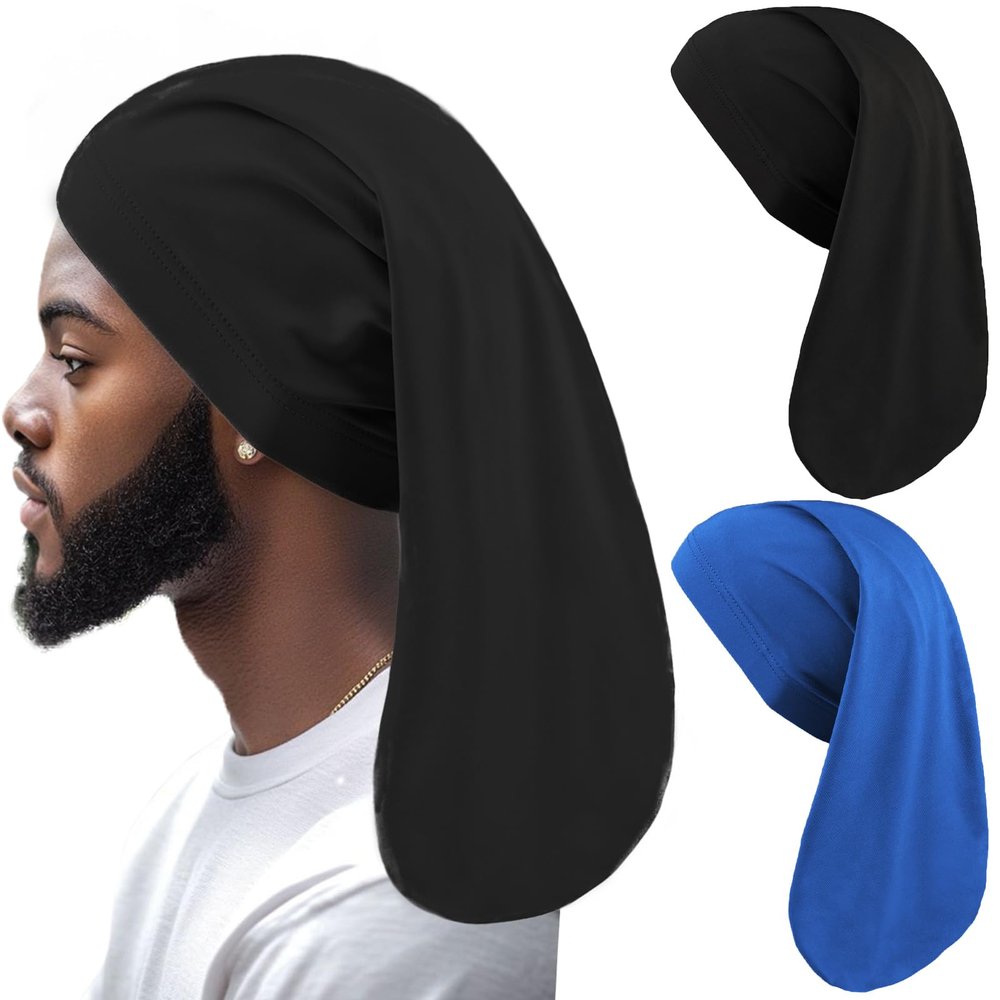 2 Pcs Dreadlock Cap Long Braid Dreads Head Wrap Showercap Elastic Dreadlock Cap for loc Dreads Hair Accessories Stretchy Unisex Sleeping Cap (Black, Blue)