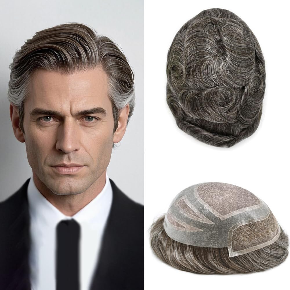 Mens Toupee European Human Hair Replacement System Lace Front Hairpiece Fine Monofilament Toupee for Men Natural Looking Protesis Capilar Para Hombre #230#2 Darkest Brown+30% Grey-120% density8*10