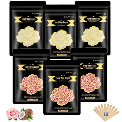 1.3Lb/21oz Hard Wax Beads for Hair Removal, Bouvetean Wax Beans for Bikini, Eyebrow, Face, Legs, Full Body Sensitive Skin Waxing with 10pcs Wax Spatulas (Pack of 6)