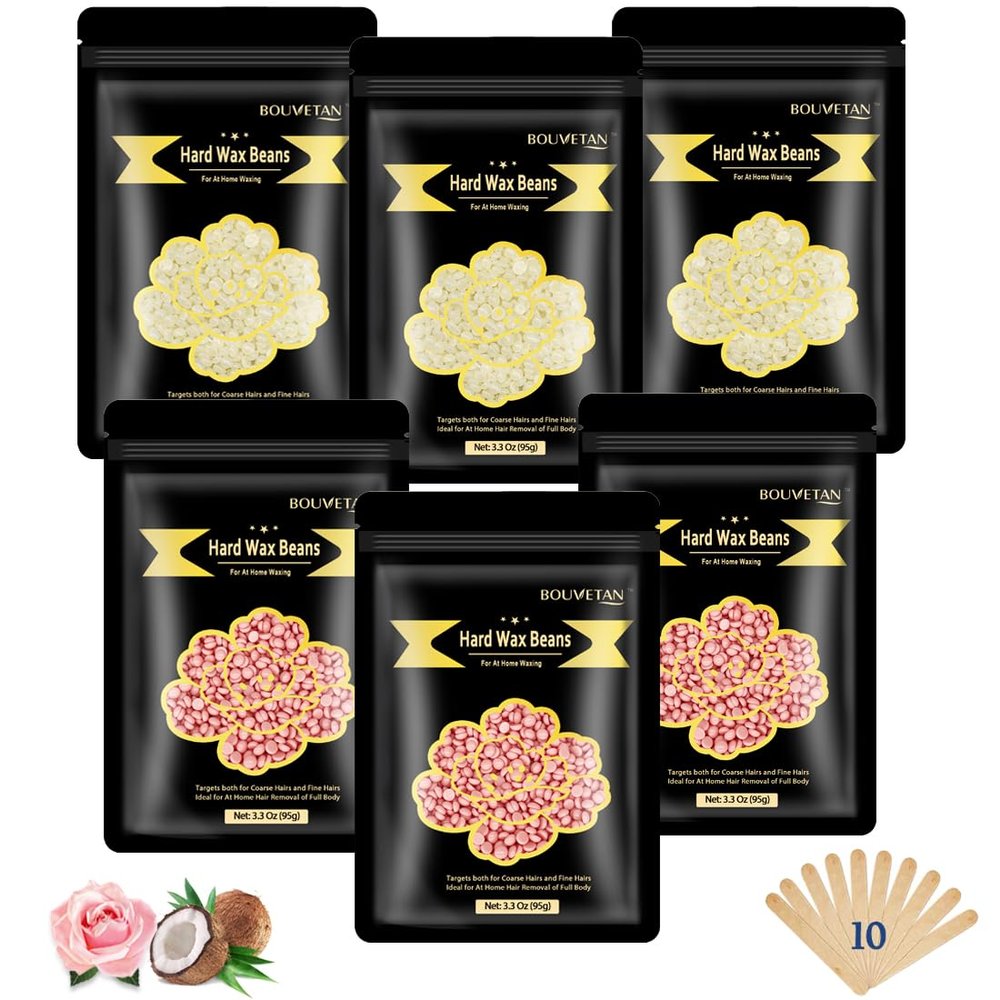 1.3Lb/21oz Hard Wax Beads for Hair Removal, Bouvetean Wax Beans for Bikini, Eyebrow, Face, Legs, Full Body Sensitive Skin Waxing with 10pcs Wax Spatulas (Pack of 6)