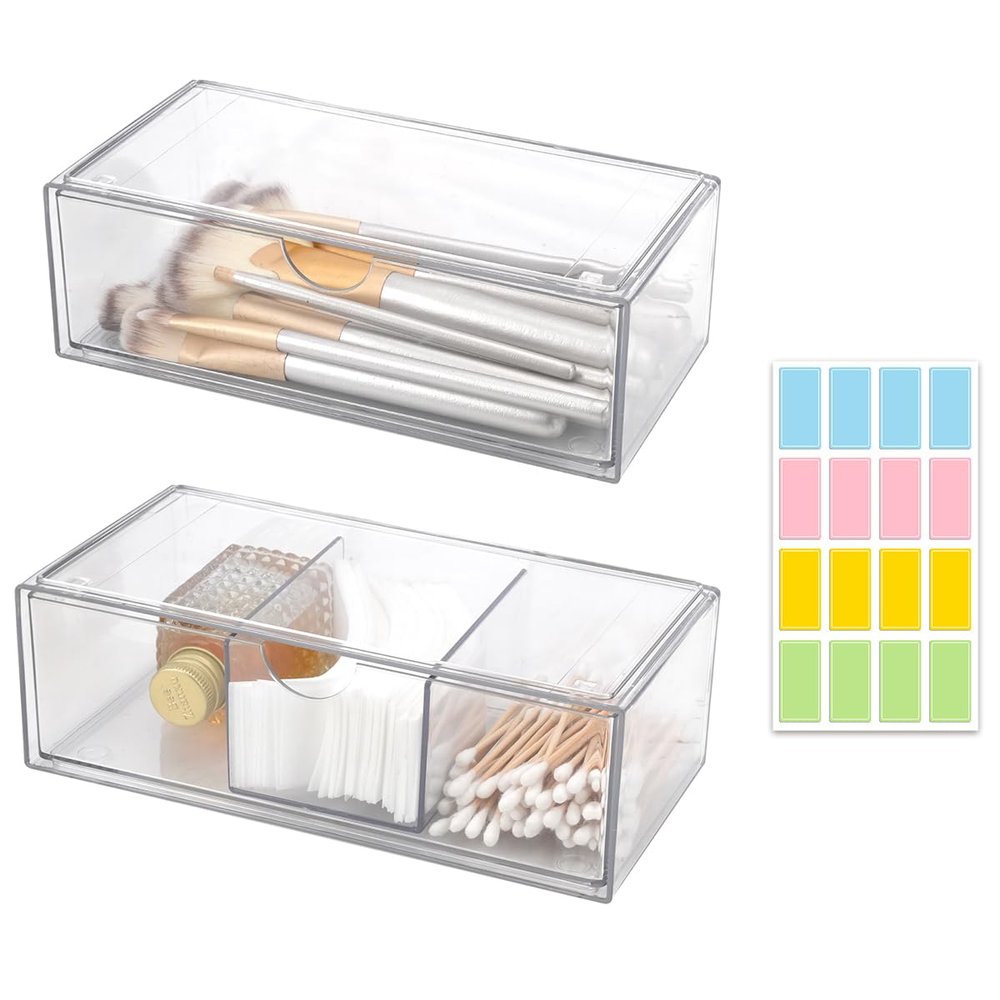 2PCS Square Qtip Holder Dispenser, Clear Cotton Ball Holder With Compartments, Stackable Cotton Pad Container, Cosmetic Organizer for Bathroom Canisters Vanity Makeup (1pc separate+1pc convention)