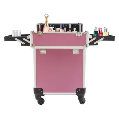 4 Layers Professional Travel Makeup Case Rolling Makeup Storage Organizer Portable Cosmetic Trolley Large Capacity Salon Barber Case with Swivel Wheels Trunk Makeup Storage Organizer Cart (pink)