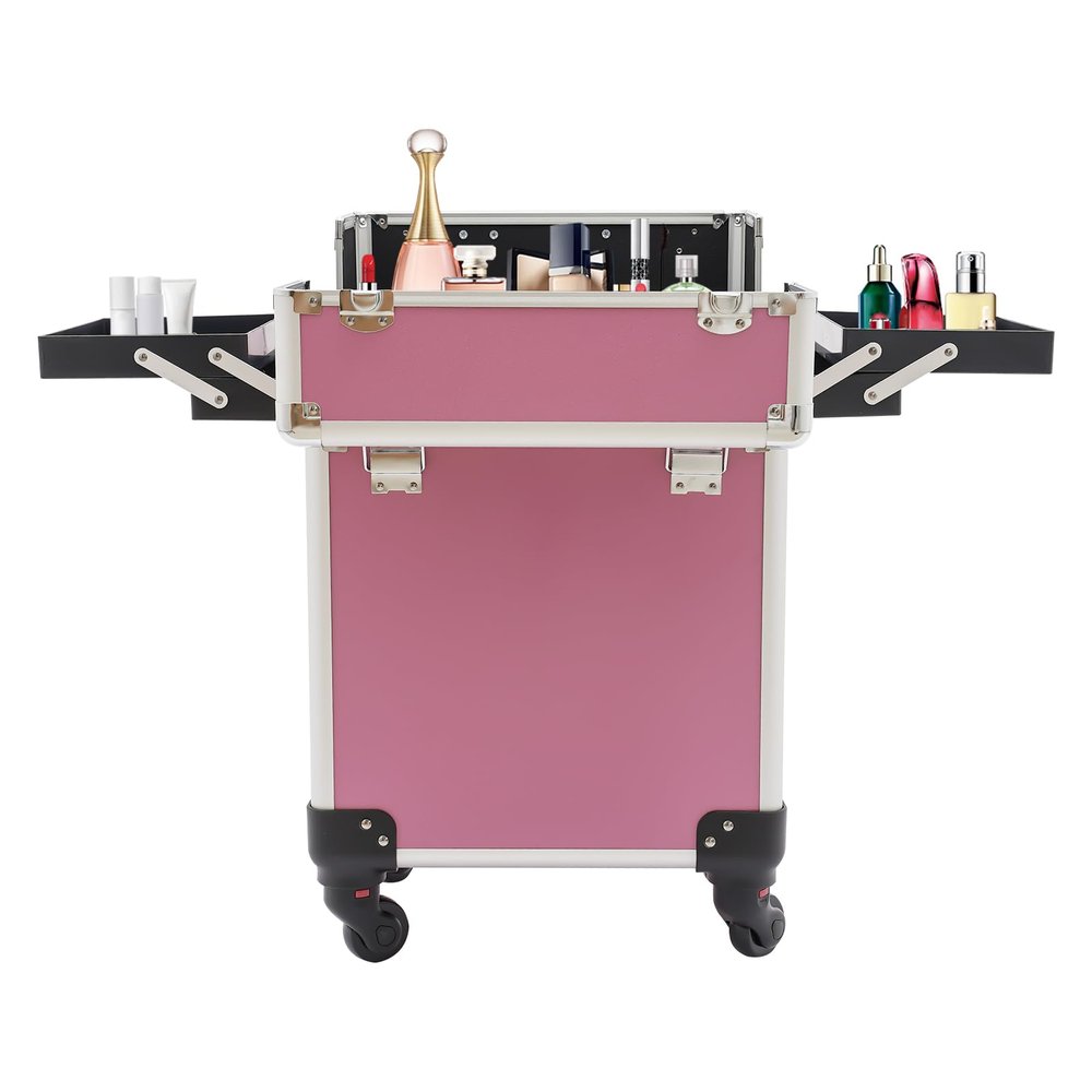 4 Layers Professional Travel Makeup Case Rolling Makeup Storage Organizer Portable Cosmetic Trolley Large Capacity Salon Barber Case with Swivel Wheels Trunk Makeup Storage Organizer Cart (pink)