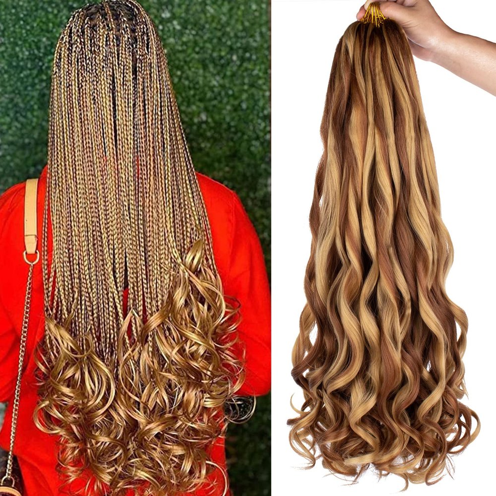 Unionbeauty French Curl Braiding Hair 22 Inch for Bohemian Box Braids Crochet Hair Curly Ends 8 Packs Pre Stretched Body Wave Braiding Hair Mix Brown Synthetic Hair Extension for Black Woman M27/30#