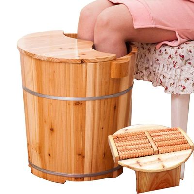 Natural Wooden Footbath Bucket,Pedicure Basin 40Cm High Fragrant Fir Barrel Tub Foot Bath Barrel Foam Foot Bucket Water Saving Type with Cover Middle-Aged and Elderly Health Care G