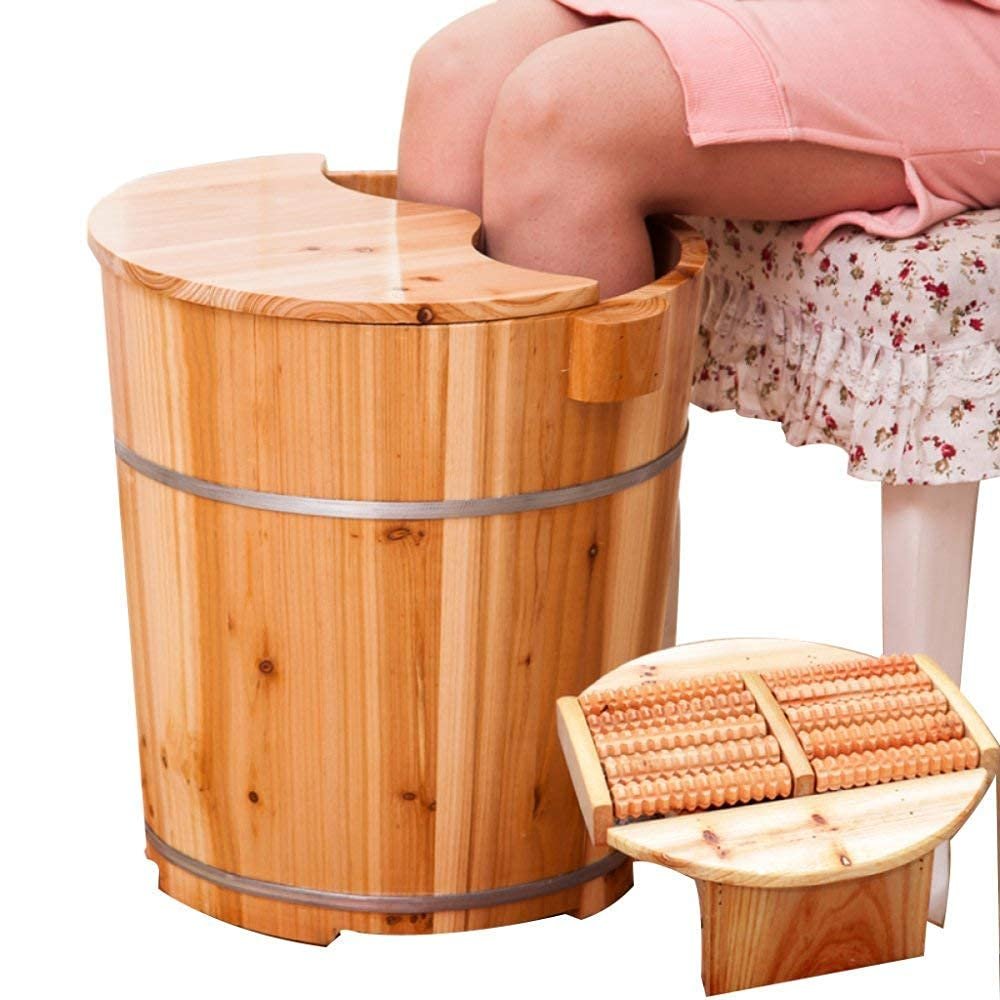 Natural Wooden Footbath Bucket,Pedicure Basin 40Cm High Fragrant Fir Barrel Tub Foot Bath Barrel Foam Foot Bucket Water Saving Type with Cover Middle-Aged and Elderly Health Care G