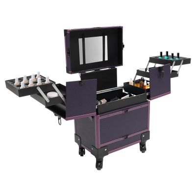Ageanbri Professional Makeup with Mirror Train Case Rolling Cosmestic Organizer with Wheels, Keys & Mirror Large Lockable Cosmetic Trolley for Travel Makeup/Nail Art/Hair Styling (Purple)