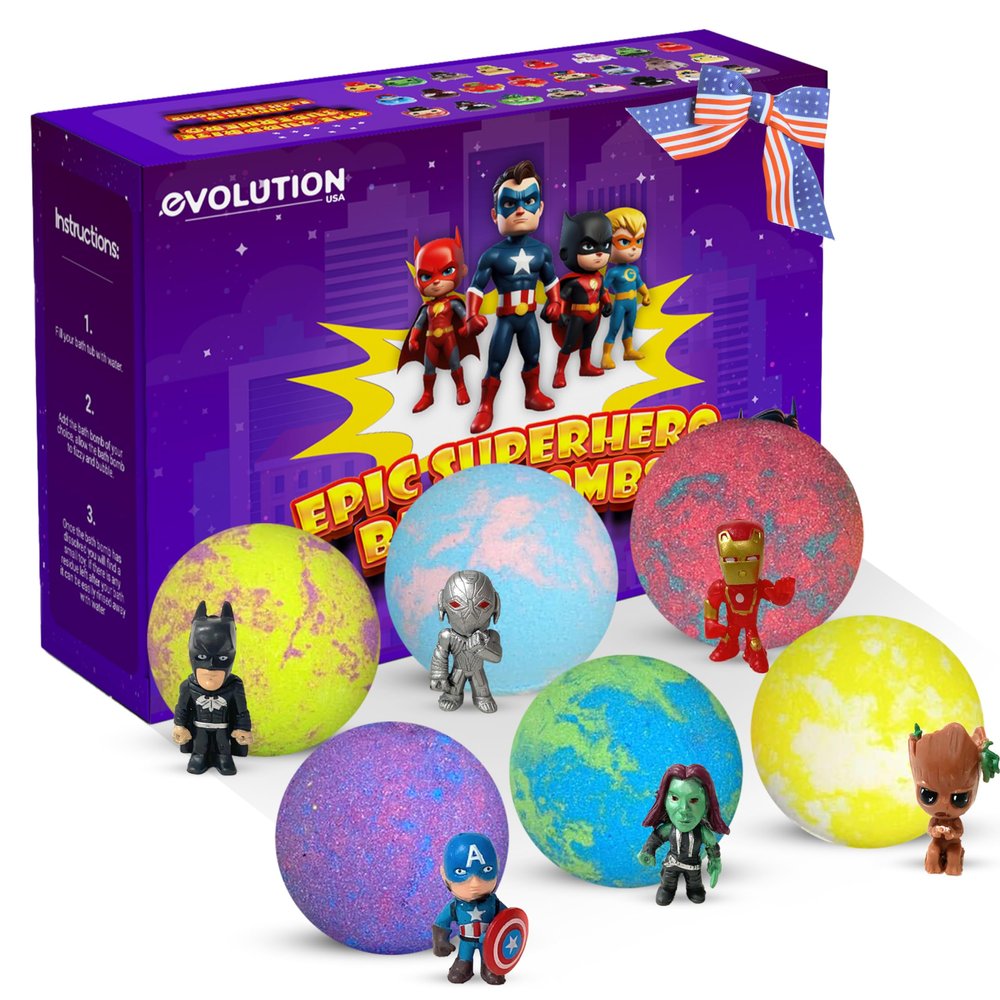 EvolutionUSA Purple Epic Superhero Bath Bombs for Kids, 6 Super Hero Bath Bombs with Toy Inside, Lush Childrens Bathbombs, Organic Bathbomb with Surprise Inside, Fizzy Fun Superhero Bath Balls