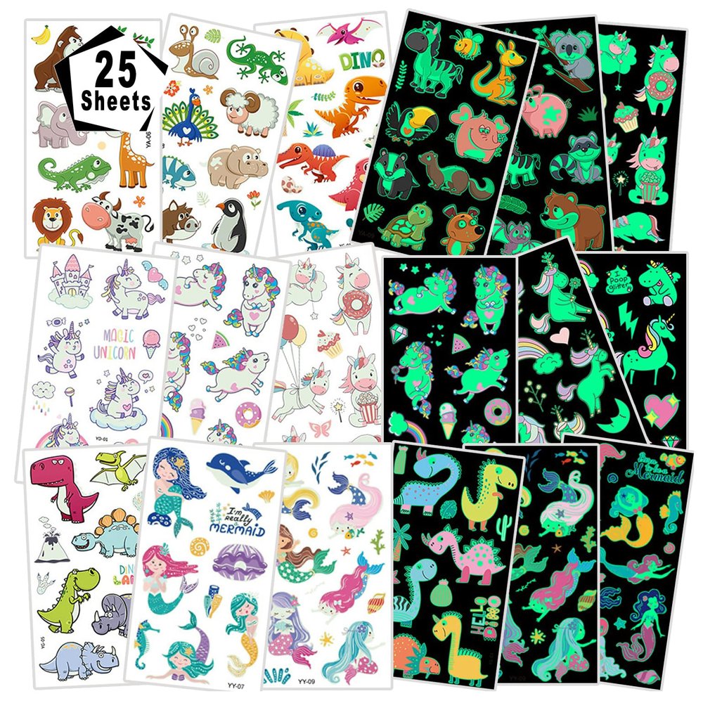 250+ Mixed Luminous Temporary Tattoos For Kids,Mixed Styles Glow In The Dark Tattoos for Boys and Girls,Mermaid Dinosaur Insect Fake Tattoo Stickers,Glow Party Supplies Arts and Crafts