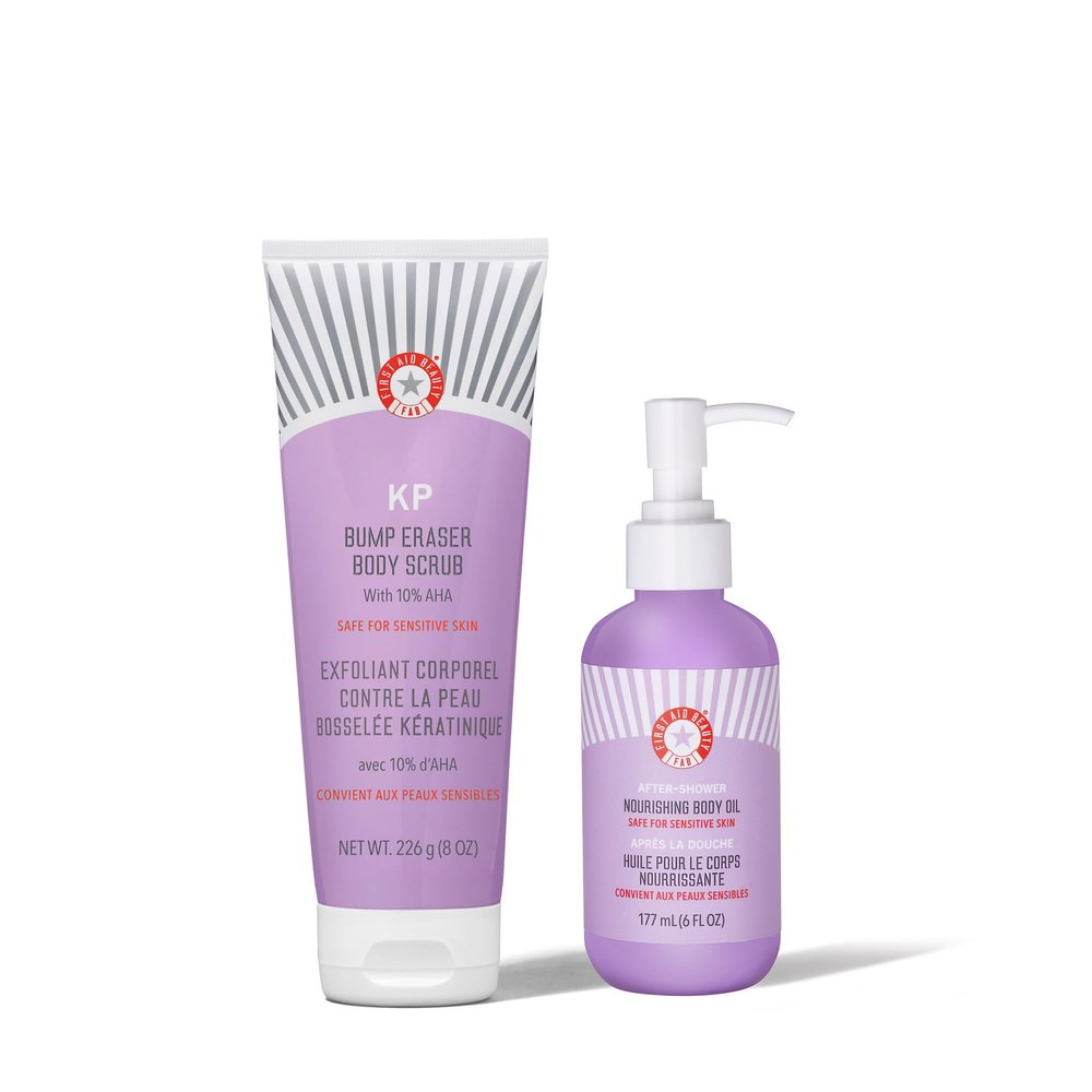 First Aid Beauty - Exfoliating Smooth Skin Routine: KP Bump Eraser Body Scrub with 10% AHA (8 oz) & After-Shower Nourishing Body Oil, Keratosis Pilaris Treatment to Reduce Bumps & Lock in Moisture