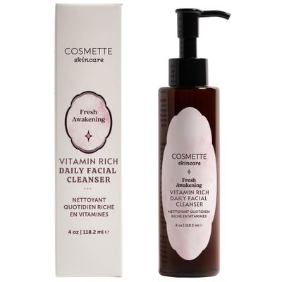 Cosmette Fresh Awakening Daily Cleanser, Face Wash & Makeup Remover With Olive, Sunflower, & Rice Bran Oils, Gentle, Natural Skin Care, Hydrating, Nourishes & Protects Skin, Vegan, 4 FL Oz