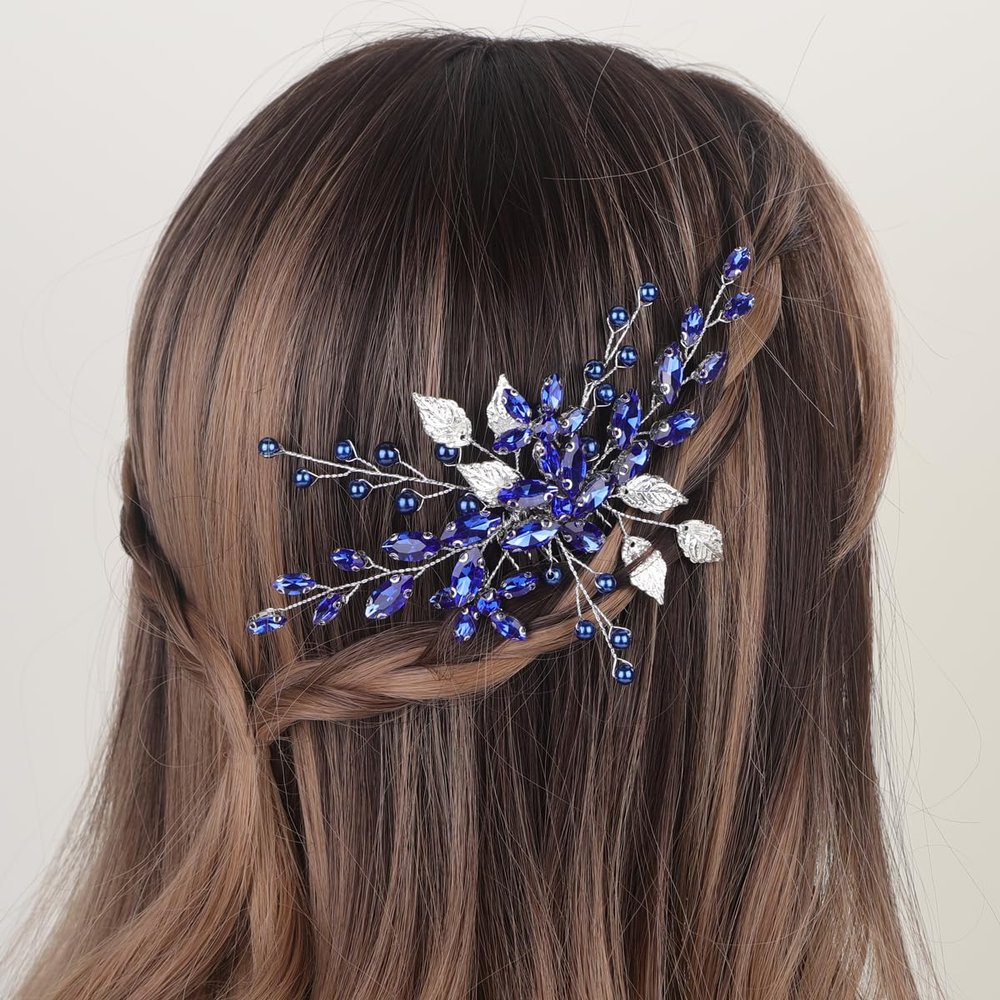 Aimimier Bridal Royal Blue Crystal Hair Comb Blue Beads Silver Leaf Hair Side Comb Flower Rhinestone Marquise Hair Piece Wedding Hair Accessories for Women and Girls (Blue)
