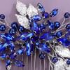 Aimimier Bridal Royal Blue Crystal Hair Comb Blue Beads Silver Leaf Hair Side Comb Flower Rhinestone Marquise Hair Piece Wedding Hair Accessories for Women and Girls (Blue) view 4
