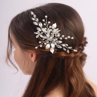 Aimimier Bridal Clear Crystal Hair Comb White Beads Silver Leaf Hair Side Comb Flower Rhinestone Marquise Hair Piece Wedding Hair Accessories for Women and Girls (Silver)