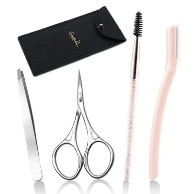 4-in-1 Eyebrow Grooming Set, Travel Brow Set, Japanese Blades Precision Eyebrow Razors W/Tweezer & Trimmer Scissor and Brow Brush, Professional Eyebrow Trimmers for Women, Travel Bag Included