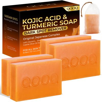 QOOQ Turmeric Kojic Acid Soap for Dark Spots Remover  Facial Cleansing Bar with Vitamin C, Retinol, Collagen, Vitamin E, Glycerin, Shea Butter & Castile Olive Oil  Soap for Women & Men (120g x 4)