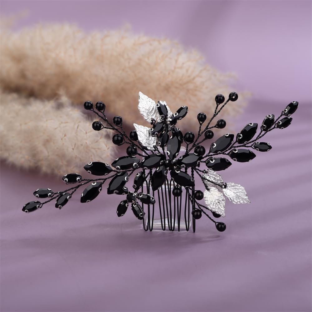 Aimimier Bridal Black Crystal Hair Comb Beads Silver Leaf Hair Side Comb Flower Rhinestone Marquise Hair Piece Wedding Hair Accessories for Women and Girls (Black)