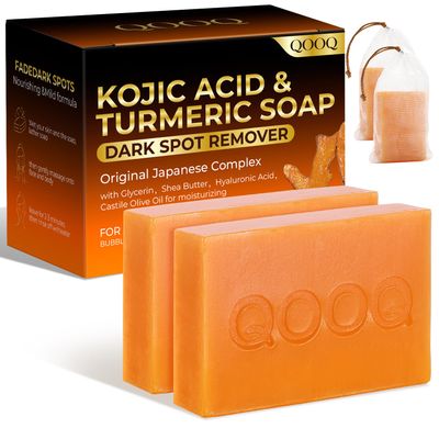 QOOQ Turmeric Kojic Acid Soap for Dark Spots Remover  Facial Cleansing Bar with Vitamin C, Retinol, Collagen, Vitamin E, Glycerin, Shea Butter & Castile Olive Oil  Soap for Women & Men (120g x 2)