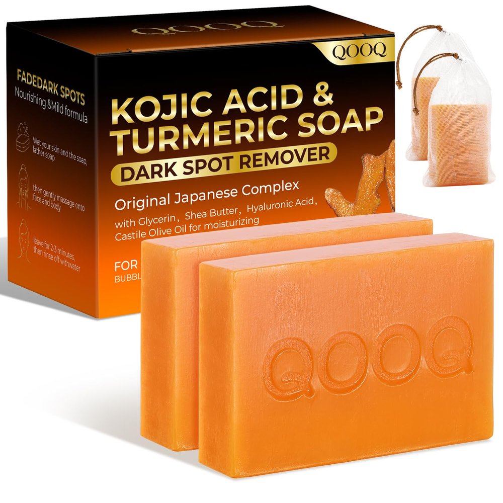 QOOQ Turmeric Kojic Acid Soap for Dark Spots Remover  Facial Cleansing Bar with Vitamin C, Retinol, Collagen, Vitamin E, Glycerin, Shea Butter & Castile Olive Oil  Soap for Women & Men (120g x 2)