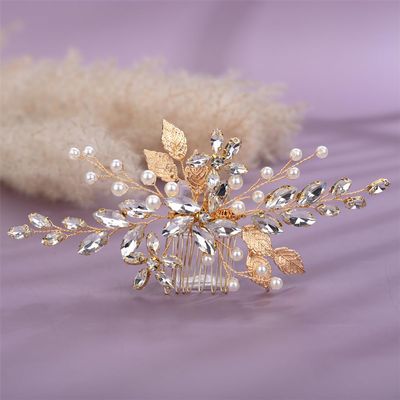 Aimimier Bridal Clear Crystal Hair Comb White Beads Golden Leaf Hair Side Comb Flower Rhinestone Marquise Hair Piece Wedding Hair Accessories for Women and Girls (Gold)