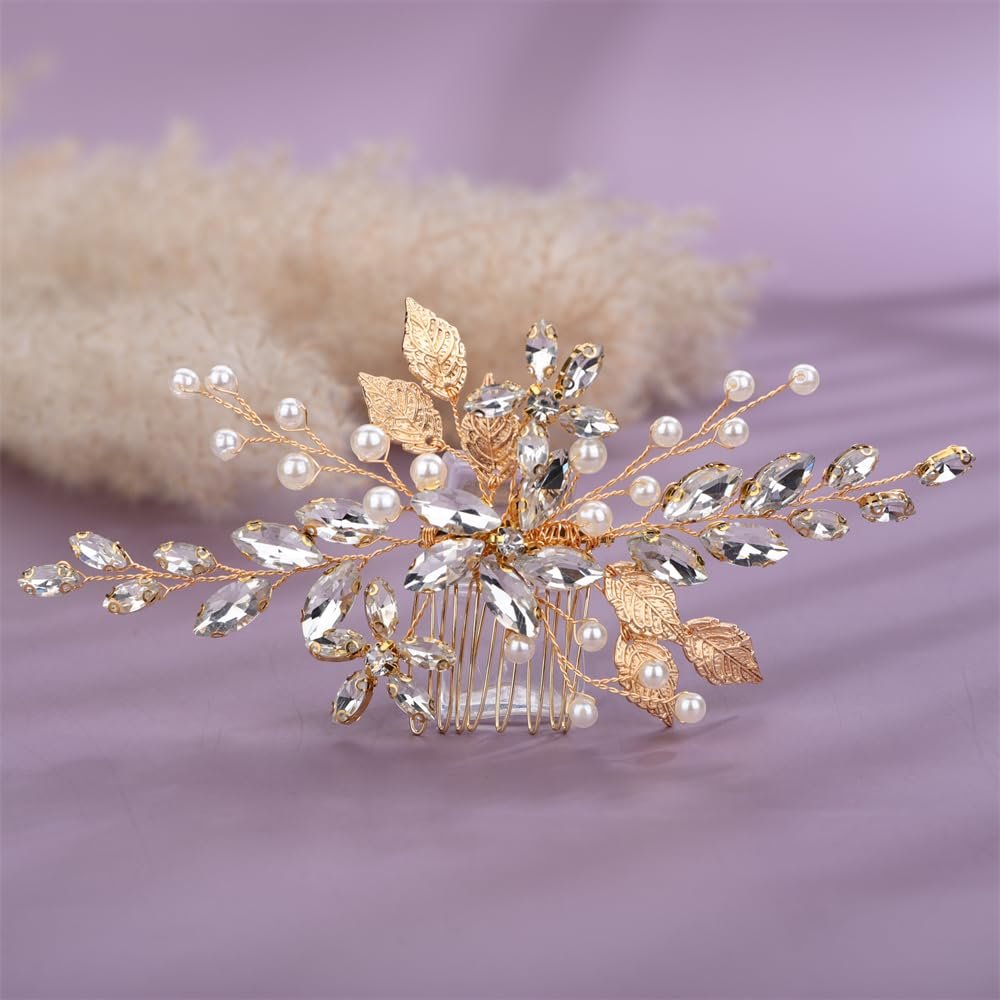 Aimimier Bridal Clear Crystal Hair Comb White Beads Golden Leaf Hair Side Comb Flower Rhinestone Marquise Hair Piece Wedding Hair Accessories for Women and Girls (Gold)