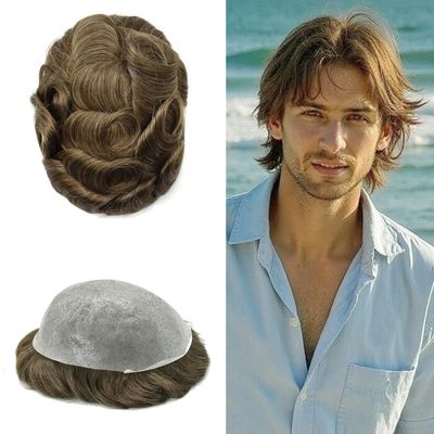 Mens Hair Piece Human Hair System for Men Toupee 0.06mm Ultra Thin Skin Hair Replacement System for Mens Hairpieces Protesis Capilar #710 7# VERY LIGHT BROWN+10% GREY 6x8 80% light density