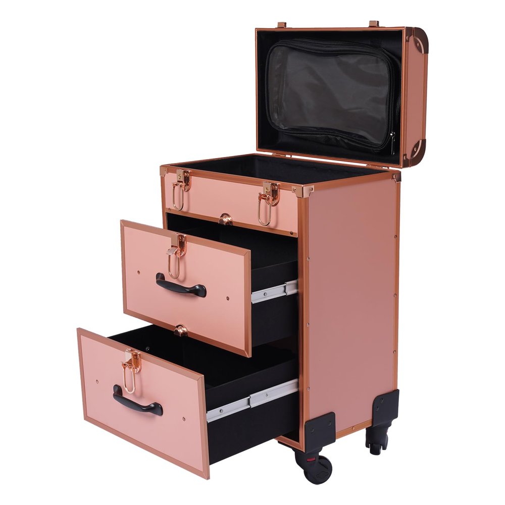 Ageanbri Professional Rolling Makeup Train Case with Drawers, Large Cosmetic Trolley with Locks, Cosmetics Storage Organizer Make up Case for Travel Makeup/Nail Art/Hair Styling (gold)