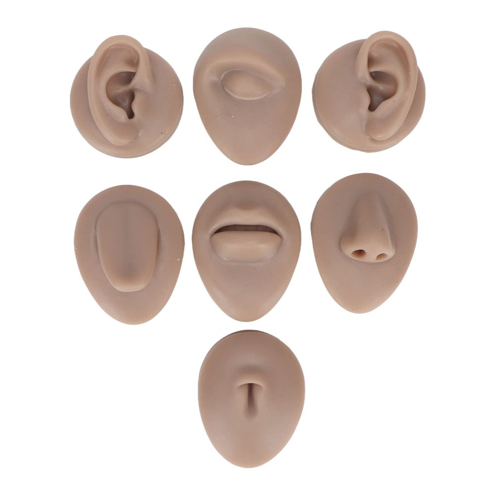 7Pcs Soft Silicone Flexible Model Body Part Displays Set, Body Piercing Practice Model Simulation Ear Eye Nose Mouth Tongue Belly Button Model for Novice Piercer Practice Tool (Dark Skin Tone)