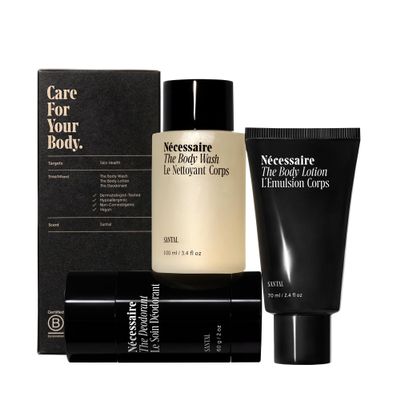 Ncessaire Body Essentials - Skin Care Gift Set For Women + Men - Travel-Size Body Wash, Body Lotion + Deodorant | Dermatologist-Tested. Hypoallergenic | Vegan | Aluminum-Free Deodorant (Santal)
