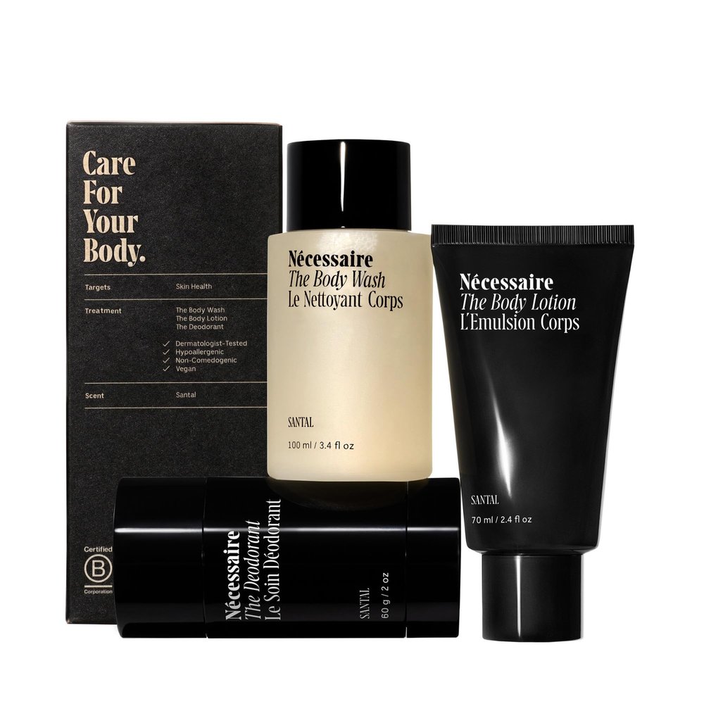 Ncessaire Body Essentials - Skin Care Gift Set For Women + Men - Travel-Size Body Wash, Body Lotion + Deodorant | Dermatologist-Tested. Hypoallergenic | Vegan | Aluminum-Free Deodorant (Santal)