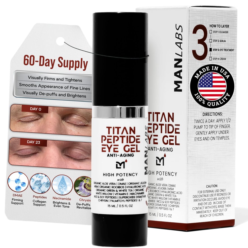 Man Labs Titan Peptide Cooling Eye Serum Mens Eye Cream Anti-Aging Bags & Dark Circle Appearance of Under Eye Bags Treatment for Men, Puffy Eyes Treatment Man Peptides, HA, DMAE, MSM Unscented