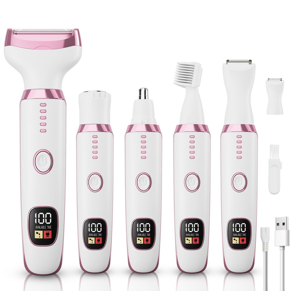 Electric Razor Shavers for Women 5 in 1 Electric Shaver for Women,Cordless Replaceable Facial Eyebrow Razors & Nose Hair Trimmer, Wet Dry Bikini Trimmer Pubic Hair Removal Gifts for Womens 3028A White