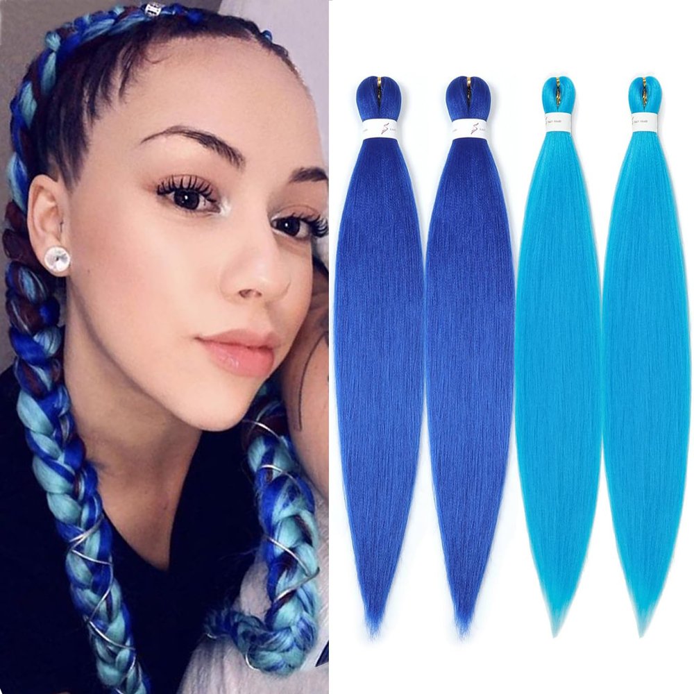 Blue Braiding Hair Pre Stretched 26 Inch 4 Packs Colored Braiding Hair Extensions for Braids Synthetic Yaki Braids Hair Professional Hot Water Setting (2 dark blue+2 light blue)