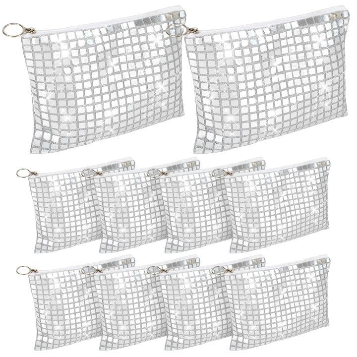 10 Pcs Disco Cosmetic Bags for Women 7.8 x 6.6 Inch Disco Makeup Bags Bachelorette Party Favors Bag Silver Sequins Makeup Bag Purse with Zipper for Bridal New Years Eve 70s 80s 90s Party Decorations
