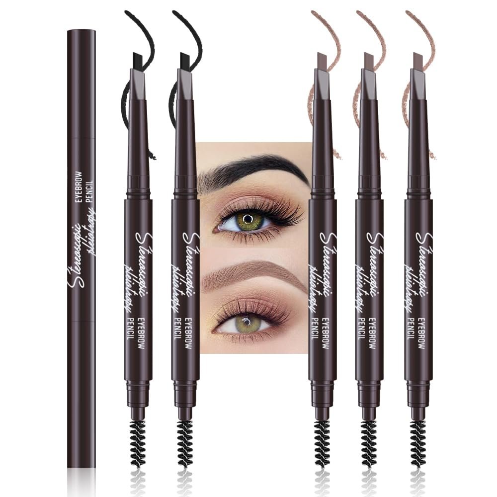 5 Pcs Ultimate Eyebrow Retractable Definer Pencils,Dual-Sided Natural Soft Textured Eyebrow Pencil, for Daily Look Eyebrow Makeup,Brow Brush,Fine Tip (2*Black+3*Light Brown)