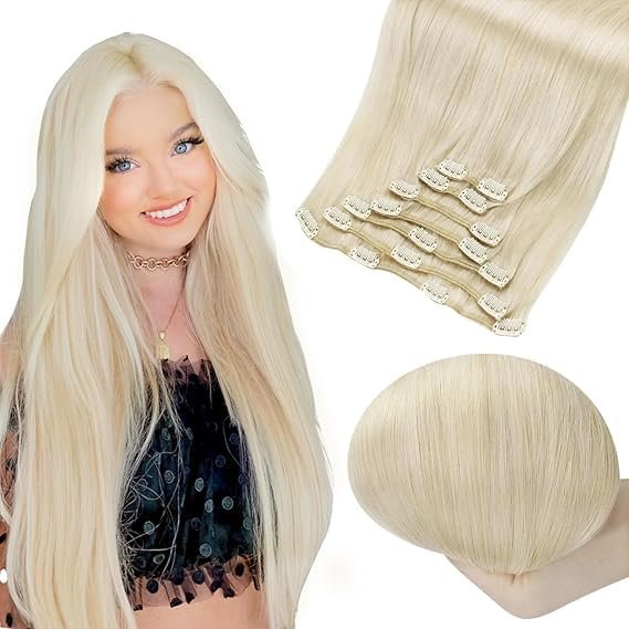 Full Shine Total 2 Packages Clip in Hair Extensions Real Human Hair Platinum Blonde Hair Extensions for Women 20 inch & 22 inch 7Pcs