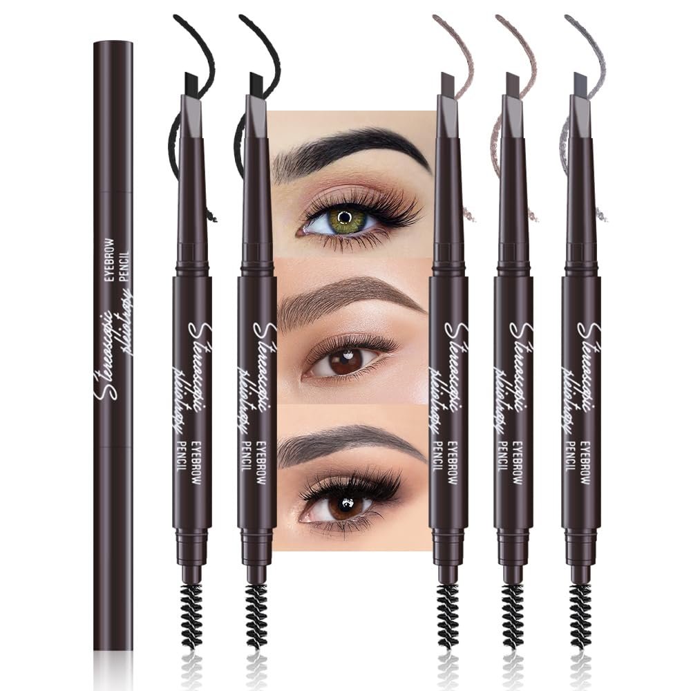 5 Pcs Ultimate Eyebrow Retractable Definer Pencils,Dual-Sided Natural Soft Textured Eyebrow Pencil, for Daily Look Eyebrow Makeup,Brow Brush,Fine Tip (2*black+2*light brown+grey)