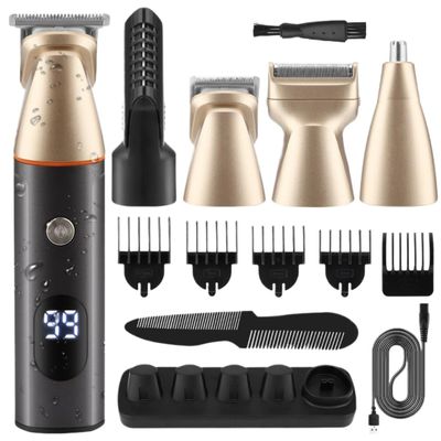 Waterproof Hair Trimmer Set, LCD Display, USB Rechargeable, Multiple Attachments for Hair, Beard, Body, Nose